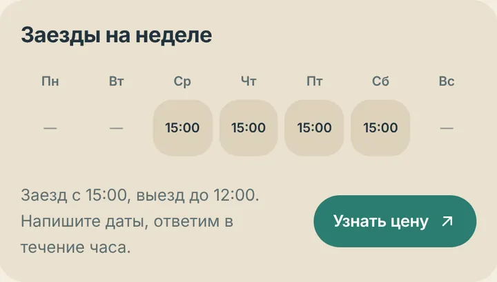 Шаблон «Гавань», блок «Свободные дни»: «Заезды на неделе» со среды по субботу в 15:00, строка «Заезд с 15:00, выезд до 12:00. Напишите даты, ответим в течение часа.» и кнопка «Узнать цену»